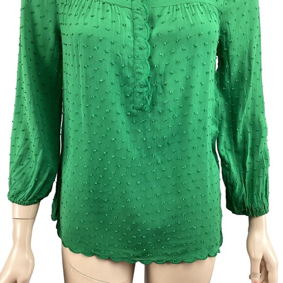 Maeve Anthropologie Scallop Edge Top Size 4  Green Textured Swiss Dot Long Sleev - Picture 7 of 7